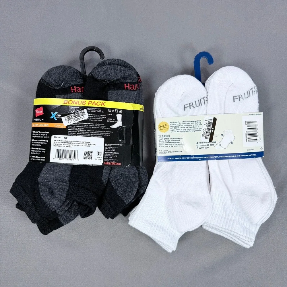 Hanes Fruit of the Loom Mens 6-12 Black White Cotton Blend Ankle Low Cut 13pk